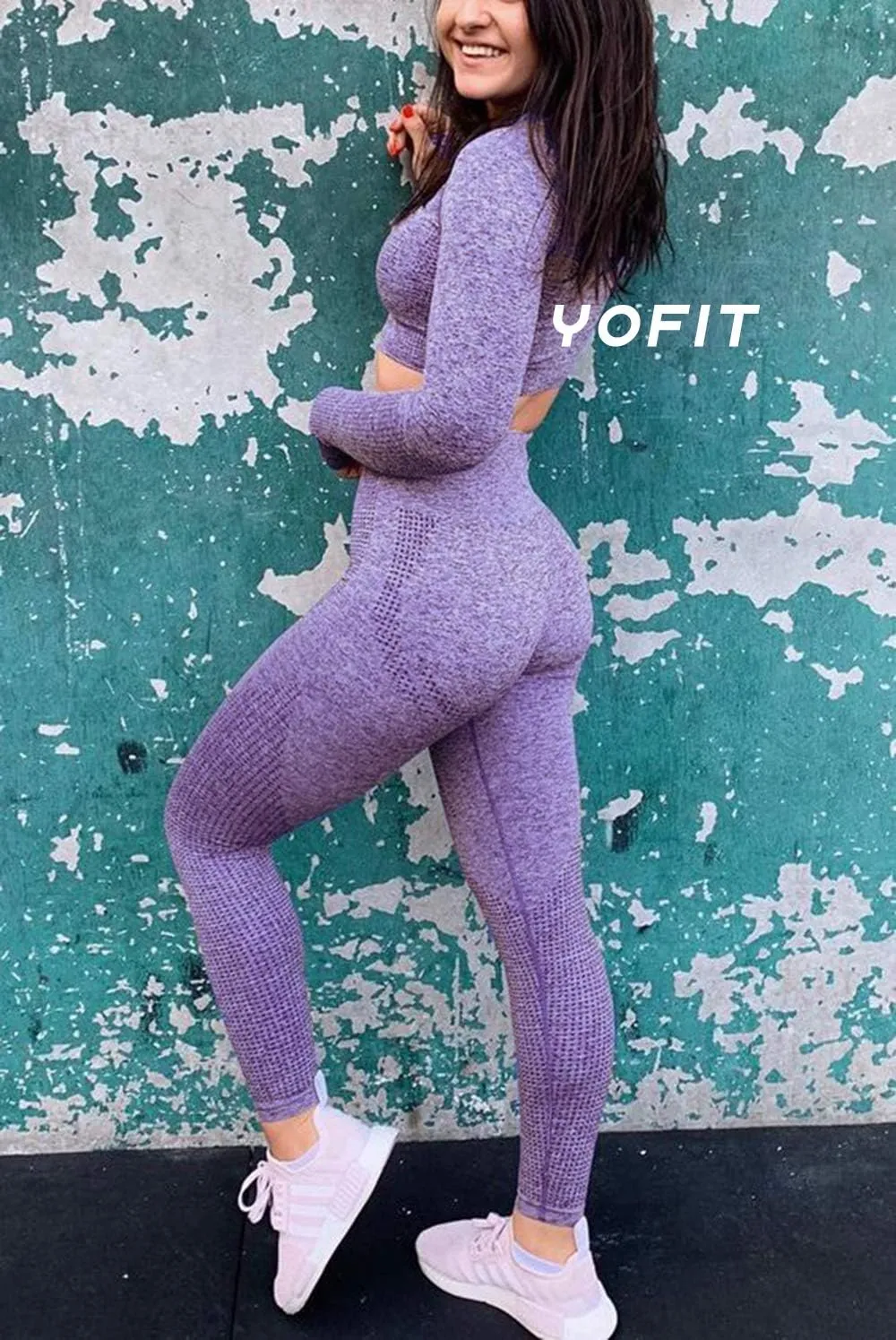 Women's Workout Outfit 2 Pieces Seamless High Waist Yoga Leggings with Long Sleeve Crop Top Gym Clothes Set