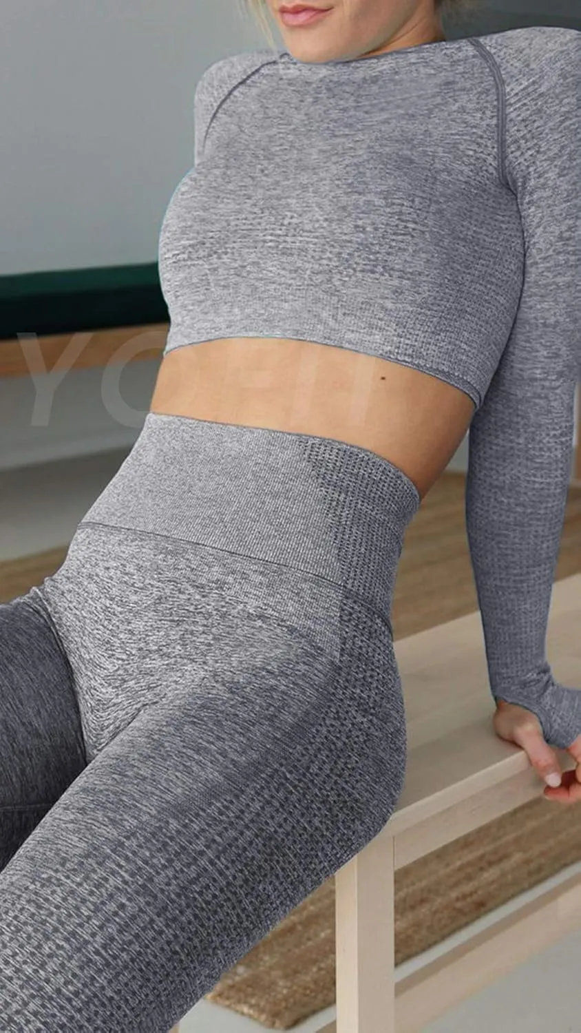 Women's Workout Outfit 2 Pieces Seamless High Waist Yoga Leggings with Long Sleeve Crop Top Gym Clothes Set