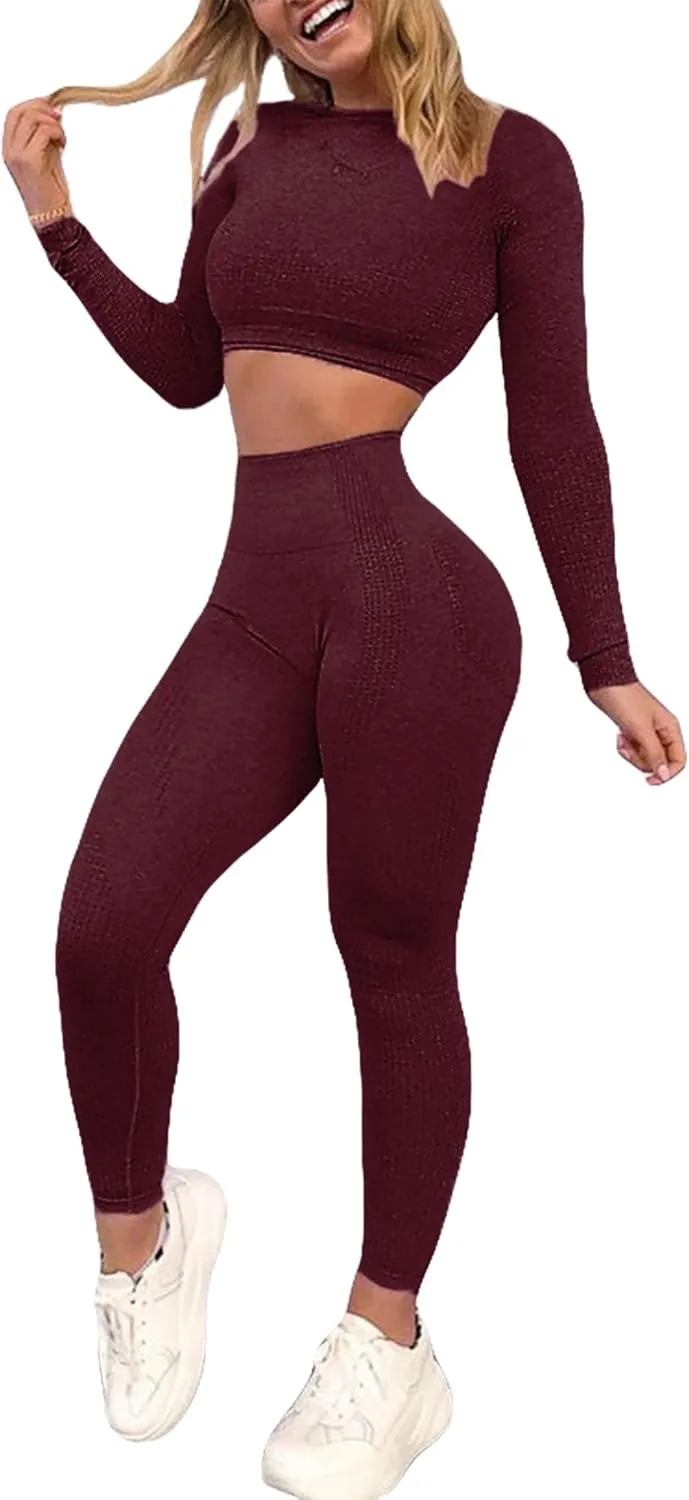 Women's Workout Outfit 2 Pieces Seamless High Waist Yoga Leggings with Long Sleeve Crop Top Gym Clothes Set