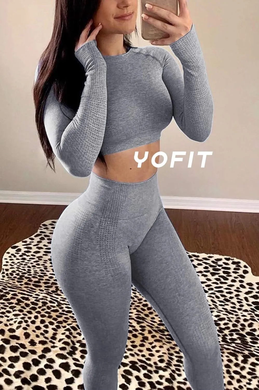 Women's Workout Outfit 2 Pieces Seamless High Waist Yoga Leggings with Long Sleeve Crop Top Gym Clothes Set