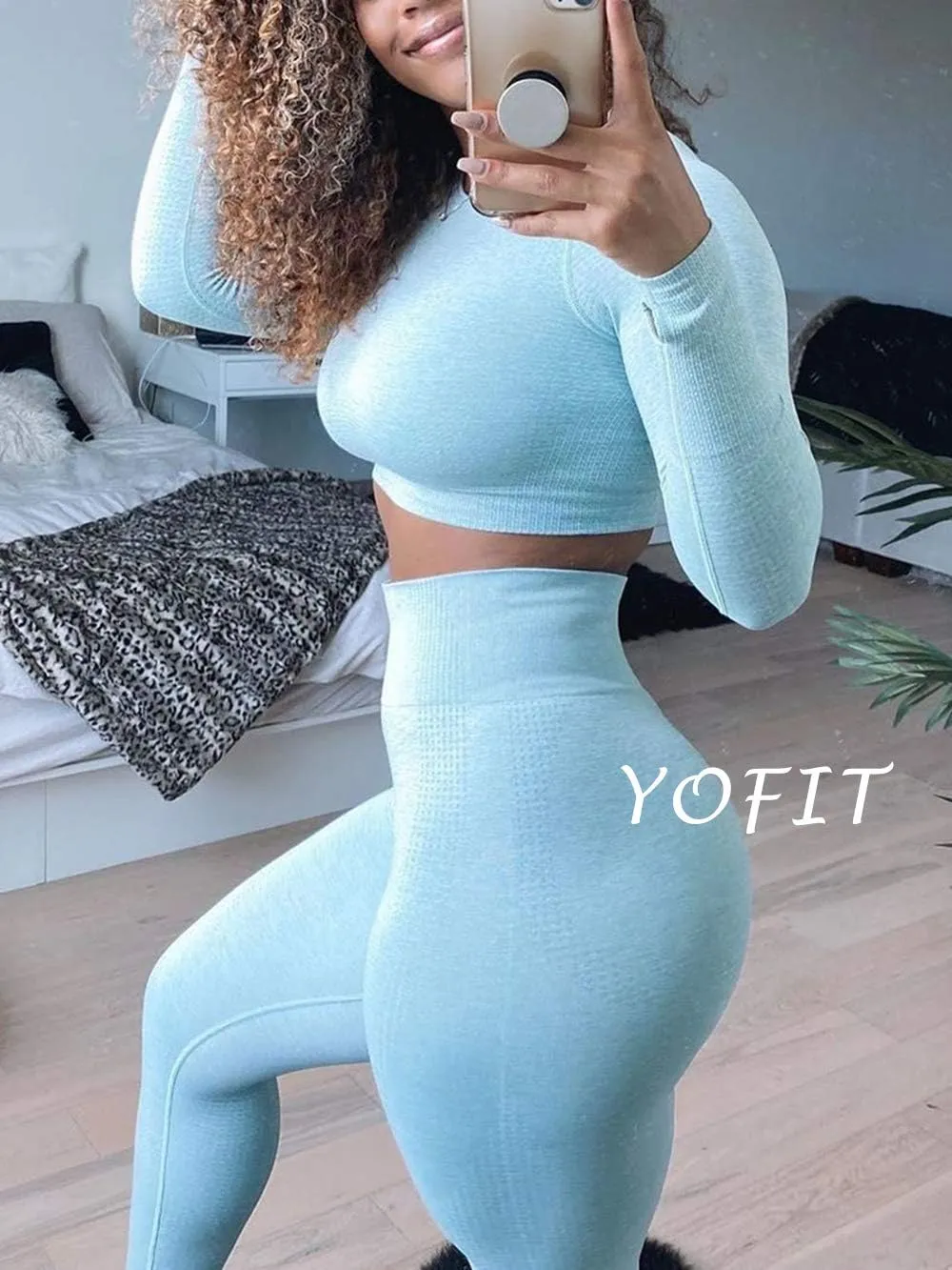 Women's Workout Outfit 2 Pieces Seamless High Waist Yoga Leggings with Long Sleeve Crop Top Gym Clothes Set
