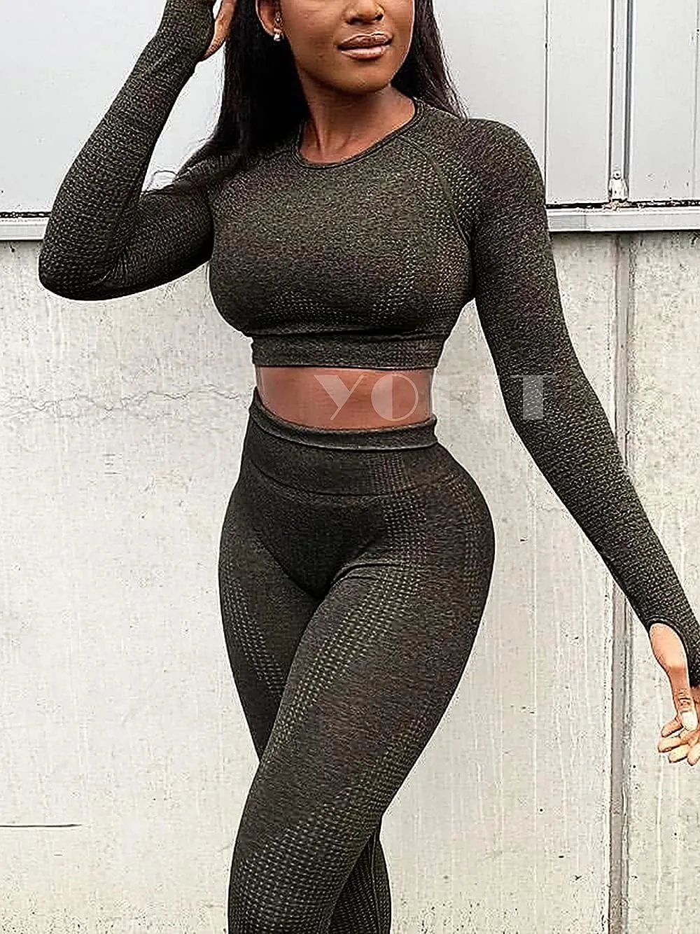 Women's Workout Outfit 2 Pieces Seamless High Waist Yoga Leggings with Long Sleeve Crop Top Gym Clothes Set