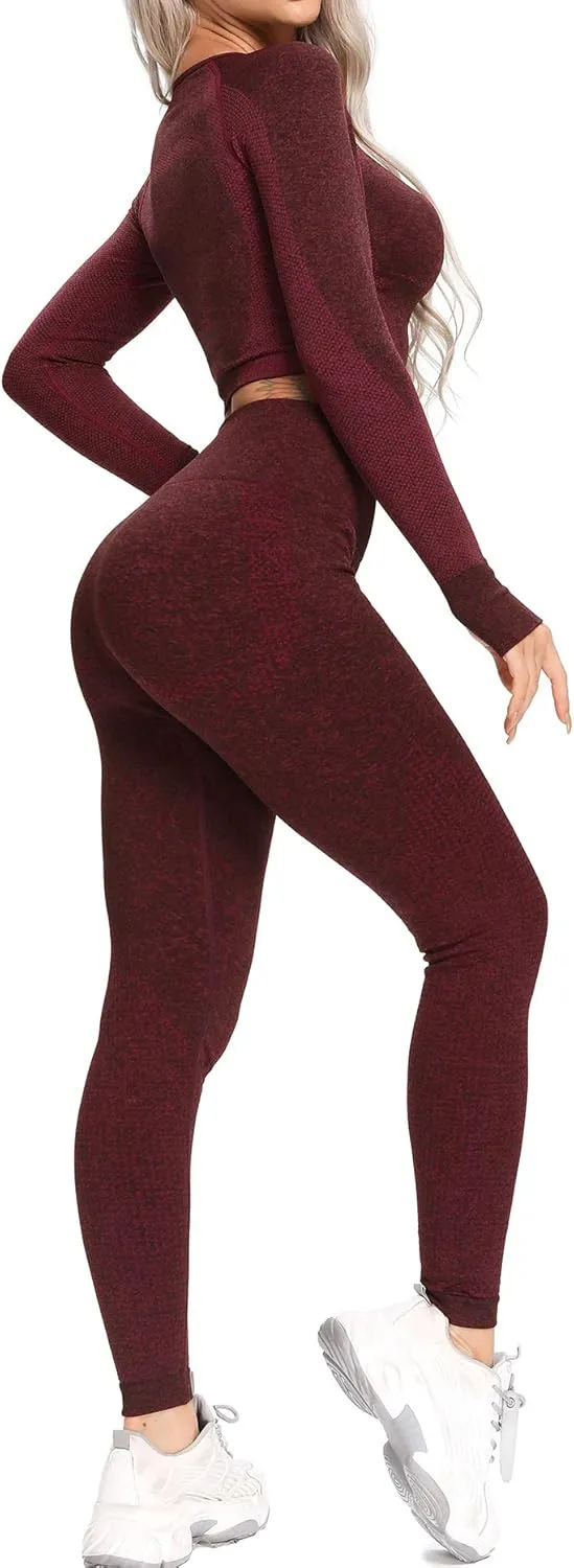 Women's Workout Outfit 2 Pieces Seamless High Waist Yoga Leggings with Long Sleeve Crop Top Gym Clothes Set