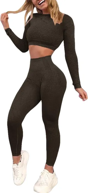 Women's Workout Outfit 2 Pieces Seamless High Waist Yoga Leggings with Long Sleeve Crop Top Gym Clothes Set