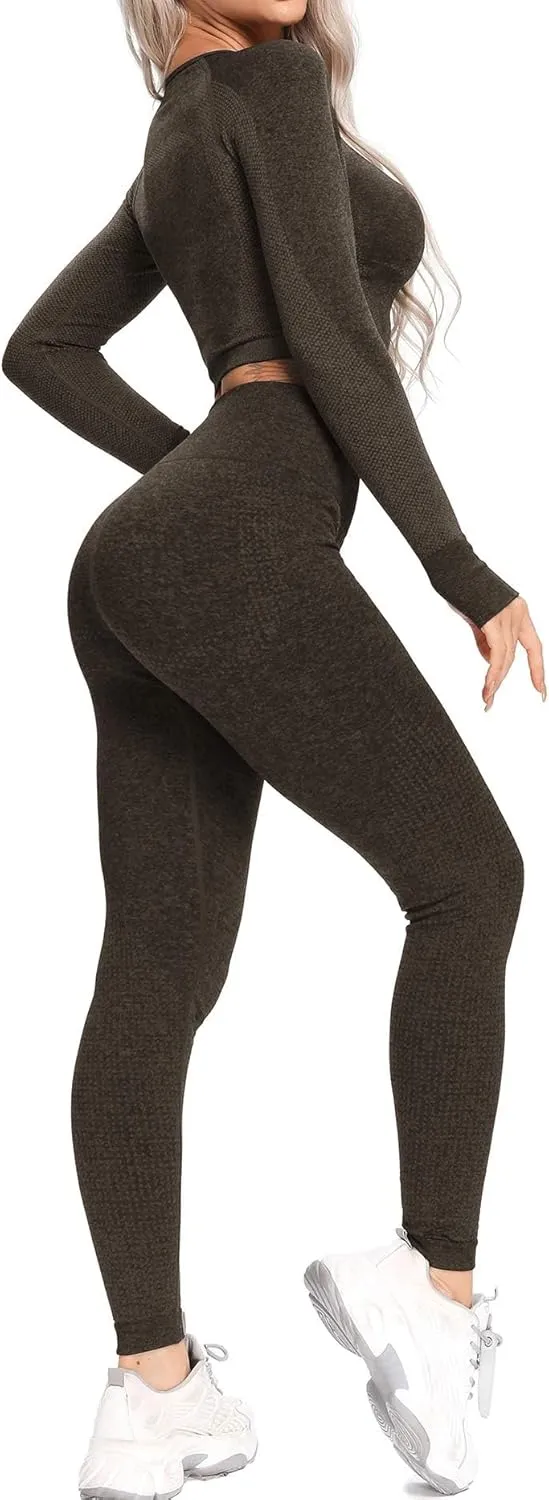 Women's Workout Outfit 2 Pieces Seamless High Waist Yoga Leggings with Long Sleeve Crop Top Gym Clothes Set