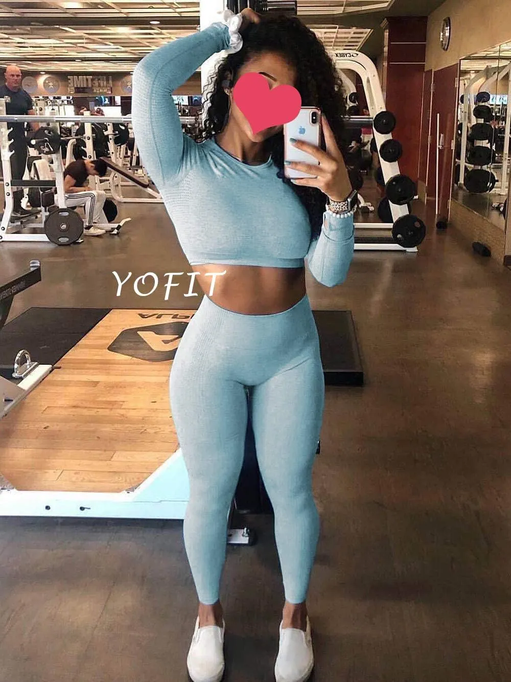 Women's Workout Outfit 2 Pieces Seamless High Waist Yoga Leggings with Long Sleeve Crop Top Gym Clothes Set