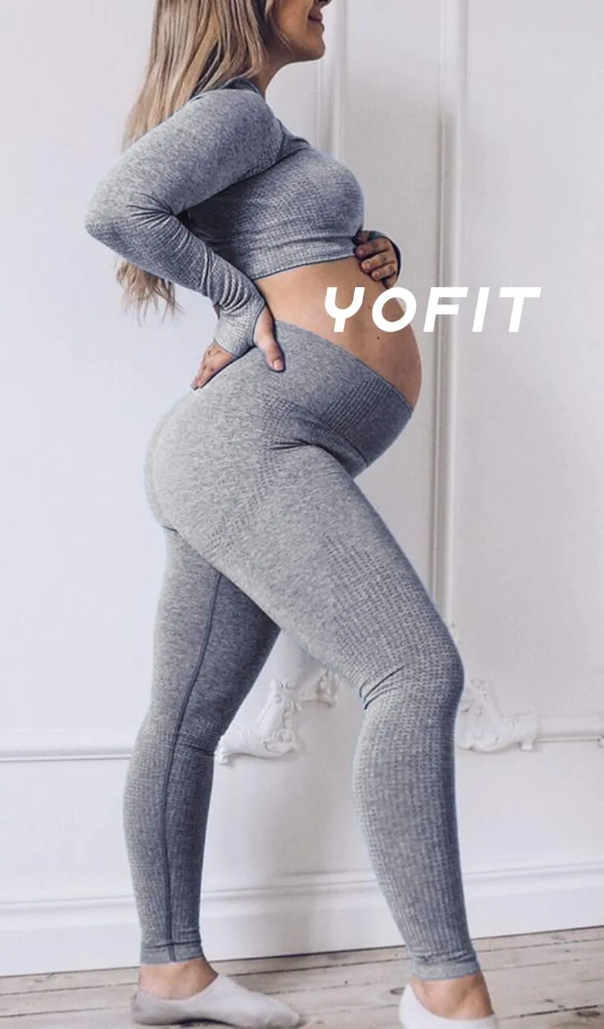 Women's Workout Outfit 2 Pieces Seamless High Waist Yoga Leggings with Long Sleeve Crop Top Gym Clothes Set