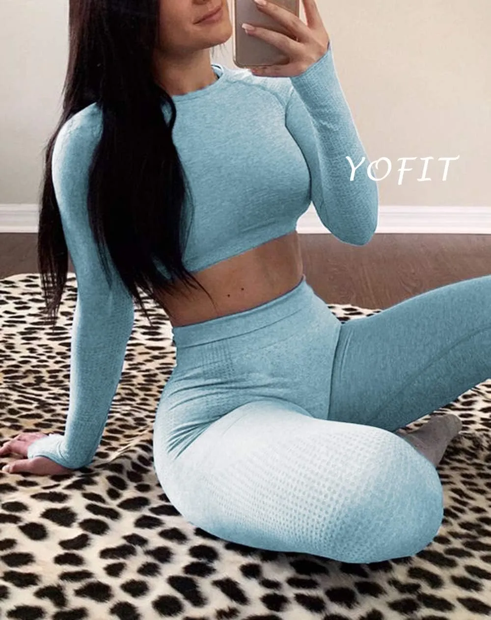 Women's Workout Outfit 2 Pieces Seamless High Waist Yoga Leggings with Long Sleeve Crop Top Gym Clothes Set