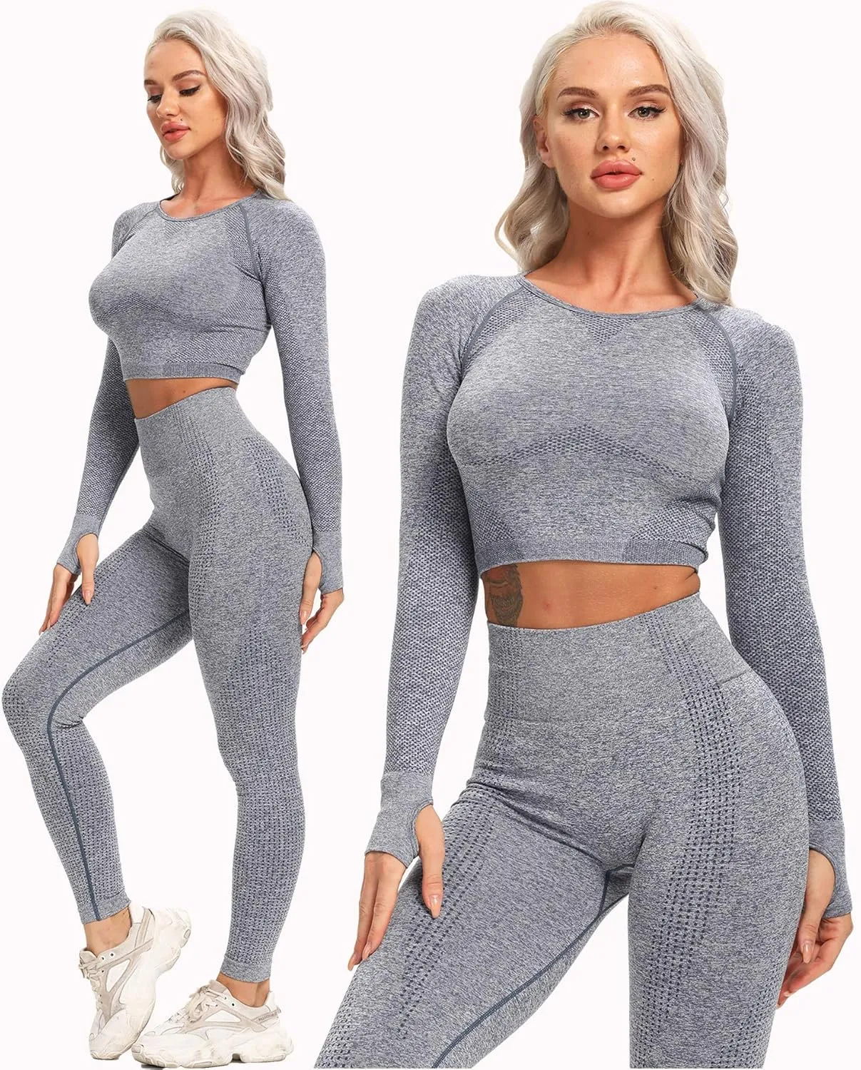 Women's Workout Outfit 2 Pieces Seamless High Waist Yoga Leggings with Long Sleeve Crop Top Gym Clothes Set
