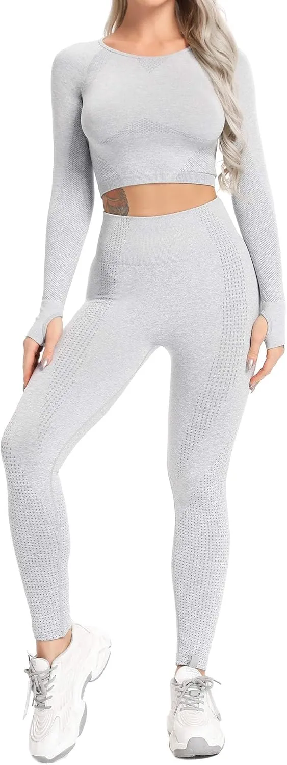 Women's Workout Outfit 2 Pieces Seamless High Waist Yoga Leggings with Long Sleeve Crop Top Gym Clothes Set