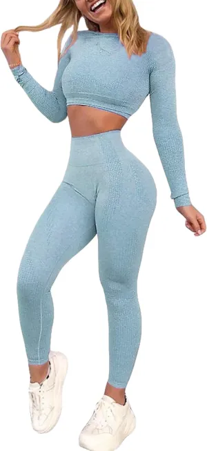 Women's Workout Outfit 2 Pieces Seamless High Waist Yoga Leggings with Long Sleeve Crop Top Gym Clothes Set