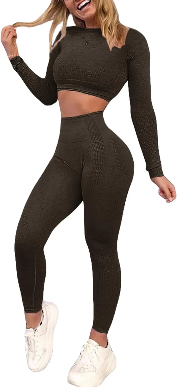 Women's Workout Outfit 2 Pieces Seamless High Waist Yoga Leggings with Long Sleeve Crop Top Gym Clothes Set