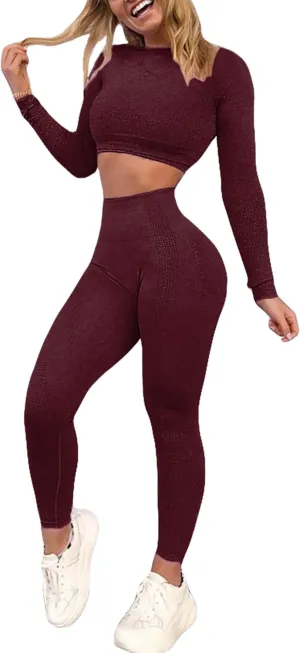 Women's Workout Outfit 2 Pieces Seamless High Waist Yoga Leggings with Long Sleeve Crop Top Gym Clothes Set