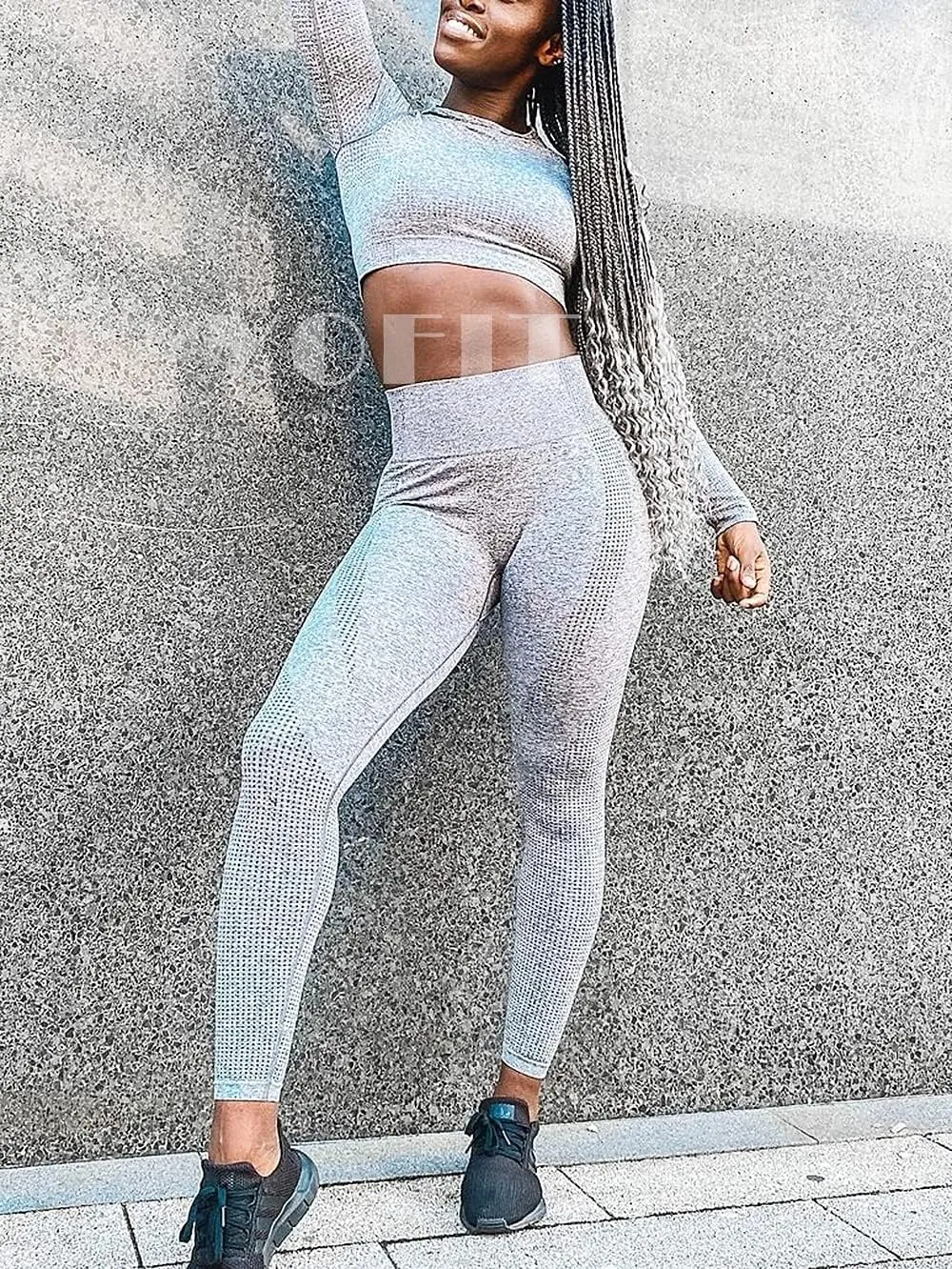 Women's Workout Outfit 2 Pieces Seamless High Waist Yoga Leggings with Long Sleeve Crop Top Gym Clothes Set