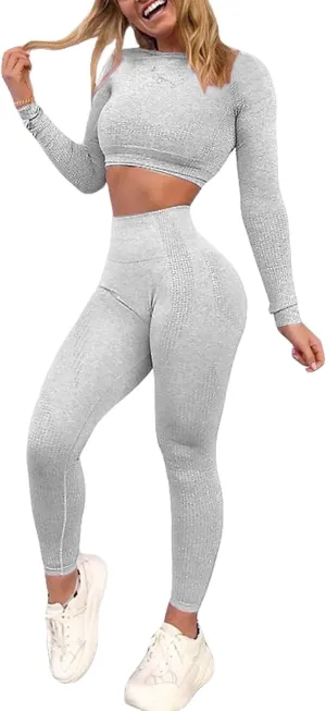 Women's Workout Outfit 2 Pieces Seamless High Waist Yoga Leggings with Long Sleeve Crop Top Gym Clothes Set
