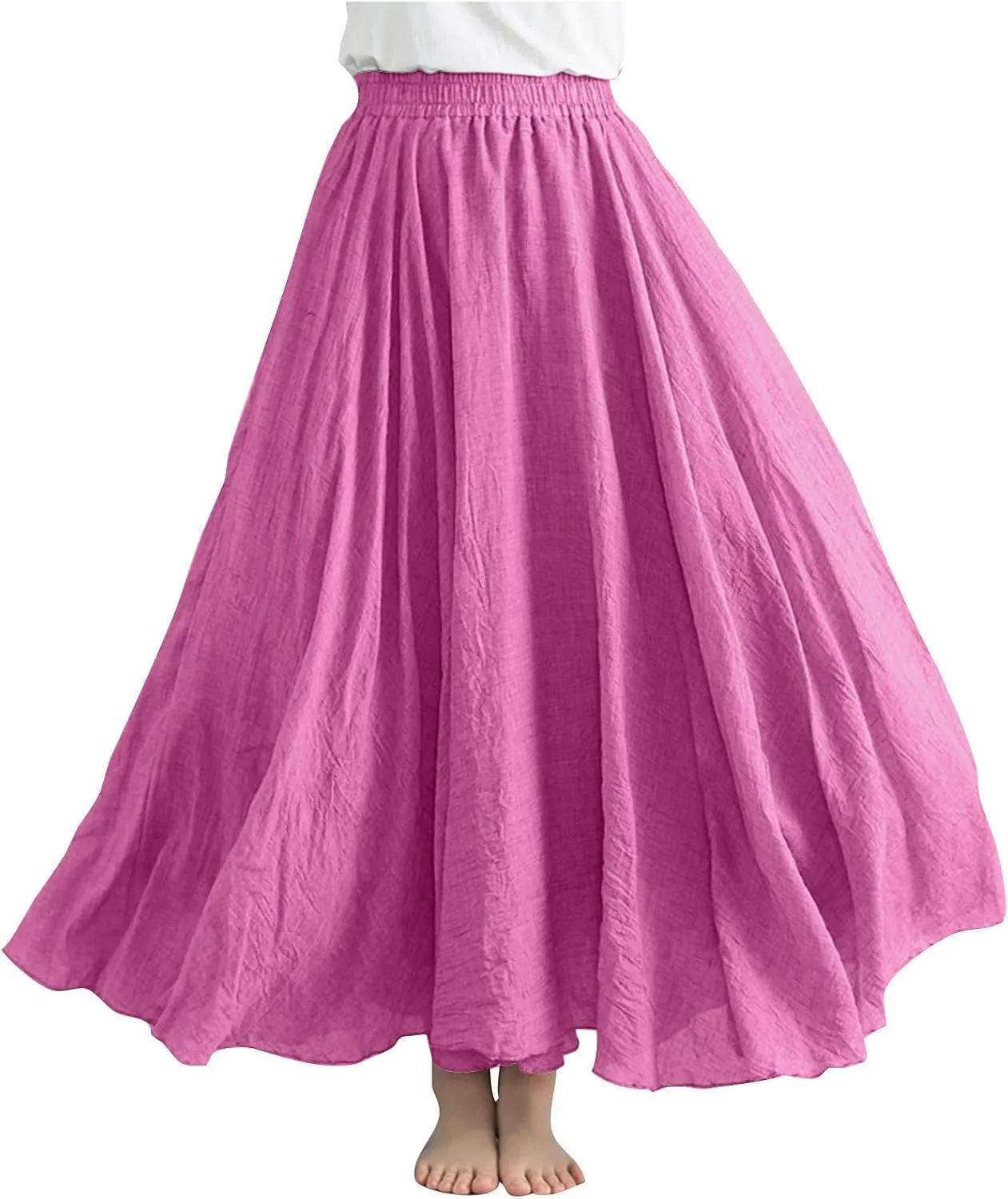 Womne's Maxi Skirts A Line Long Linen Skirts Elastic Waist Summer Skirts Flowy Beach Vacation Skirts Long Boho Skirts