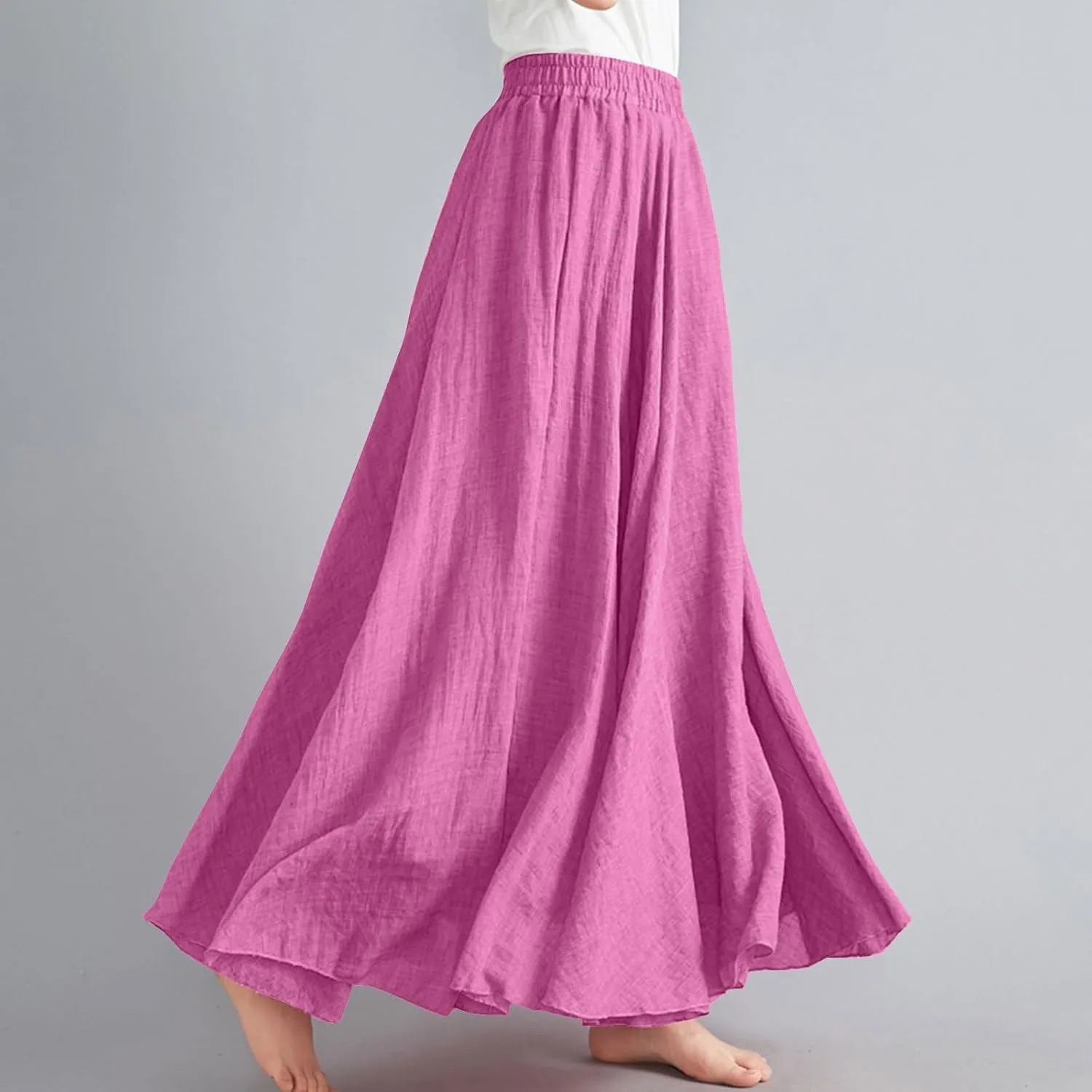 Womne's Maxi Skirts A Line Long Linen Skirts Elastic Waist Summer Skirts Flowy Beach Vacation Skirts Long Boho Skirts
