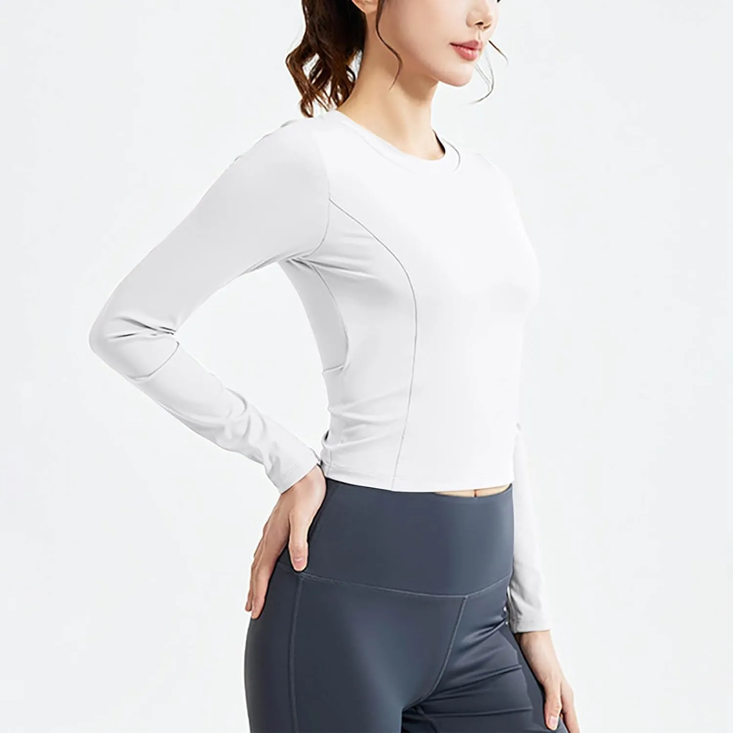 Workout Crop Top for Women Long Sleeve Athletic Slim Fit Yoga Shirt Casual Basic Tee Quick Dry Sports Activewear