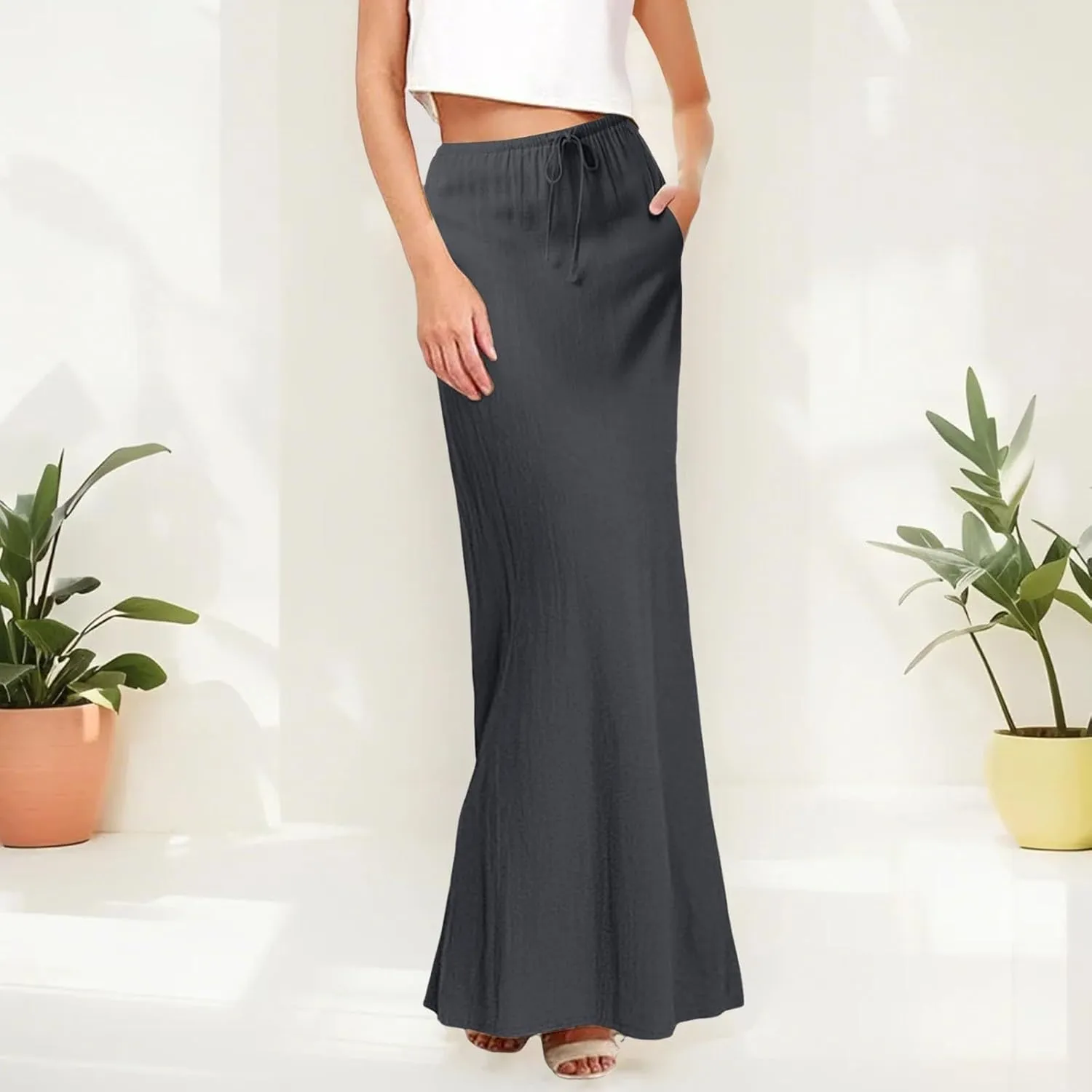 XOWRTE Linen Maxi Skirts for Women Trendy Summer Comfy Drawstring Waist A Line Skirts Cute Vacation Boho Long Flowy Skirts