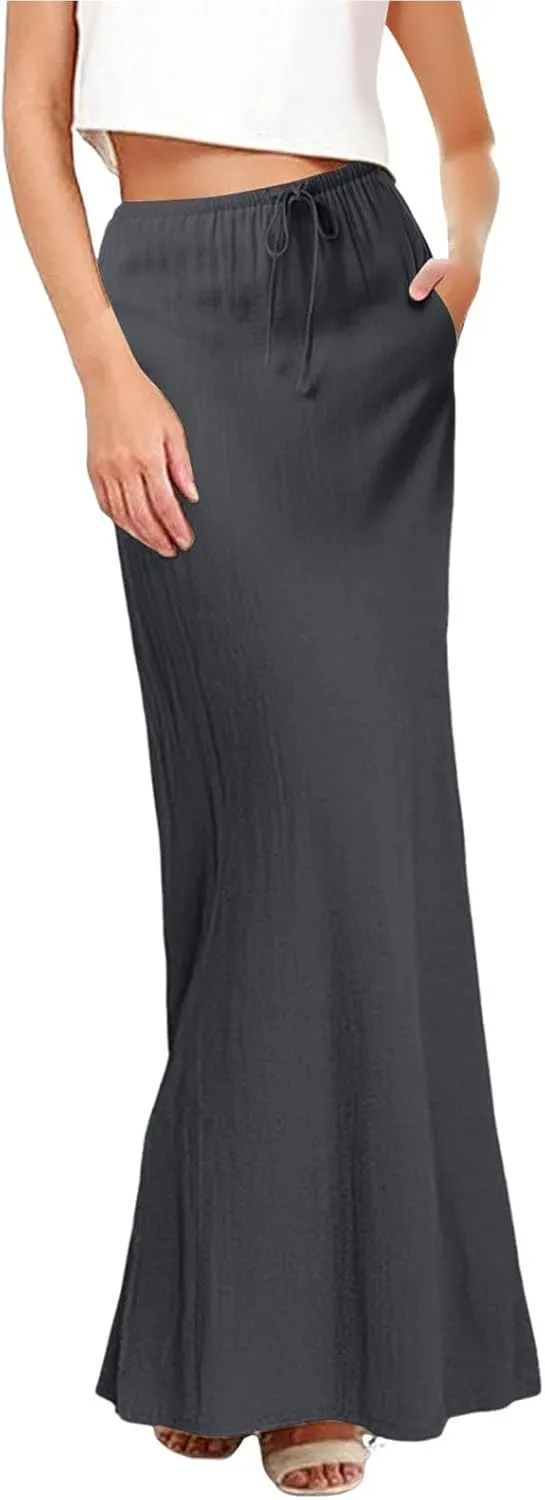 XOWRTE Linen Maxi Skirts for Women Trendy Summer Comfy Drawstring Waist A Line Skirts Cute Vacation Boho Long Flowy Skirts