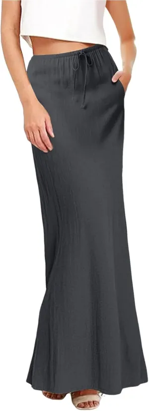 XOWRTE Linen Maxi Skirts for Women Trendy Summer Comfy Drawstring Waist A Line Skirts Cute Vacation Boho Long Flowy Skirts