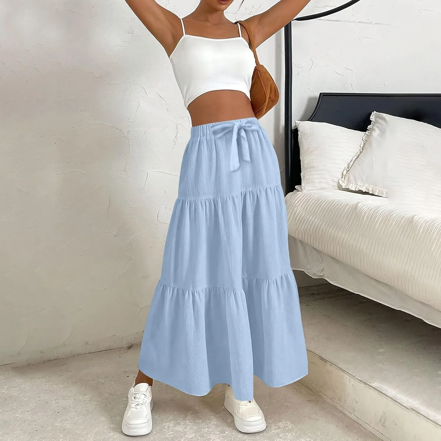 XOWRTE Women's 2025 Bohemian Long Skirts Flowy High Waist A Line Maxi Skirts for Women Summer Pleated Mini Skirts