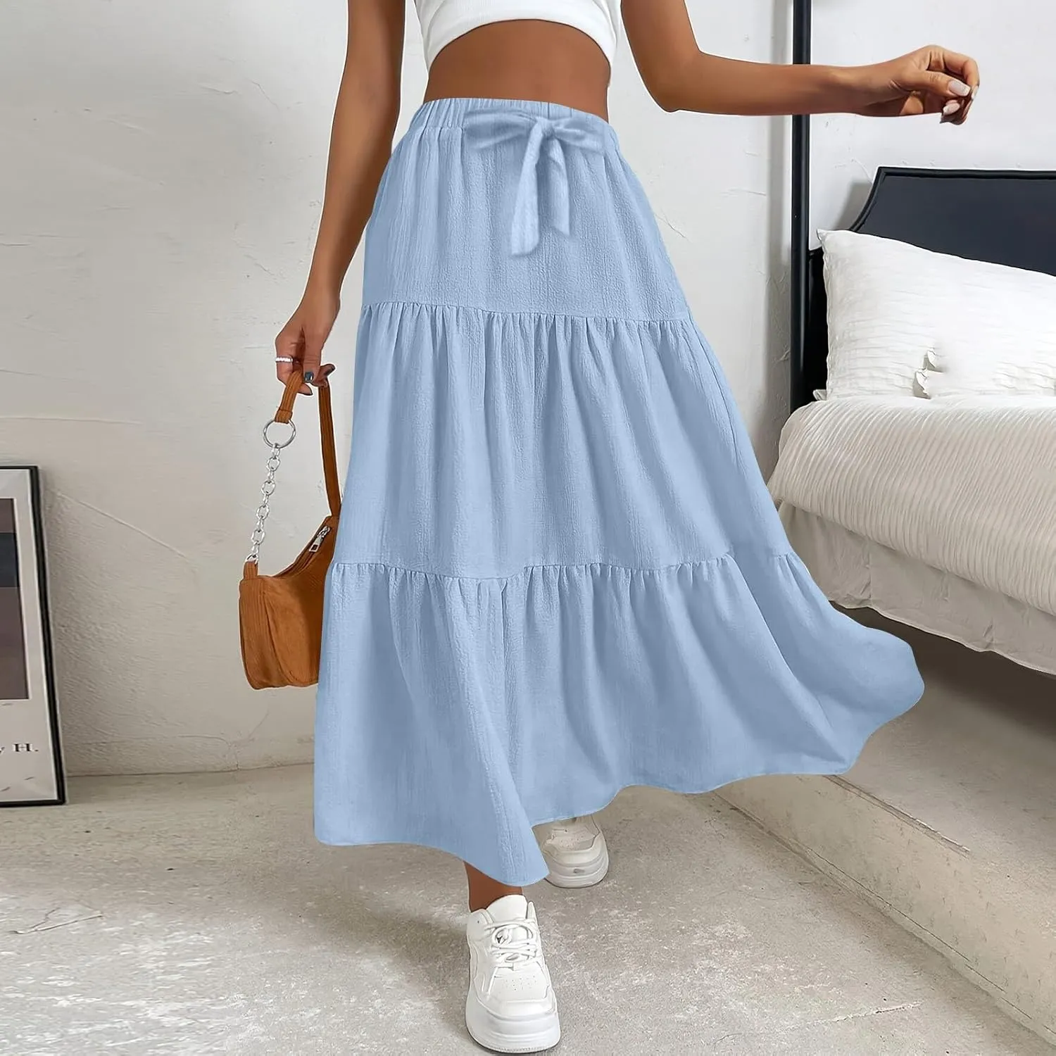XOWRTE Women's 2025 Bohemian Long Skirts Flowy High Waist A Line Maxi Skirts for Women Summer Pleated Mini Skirts