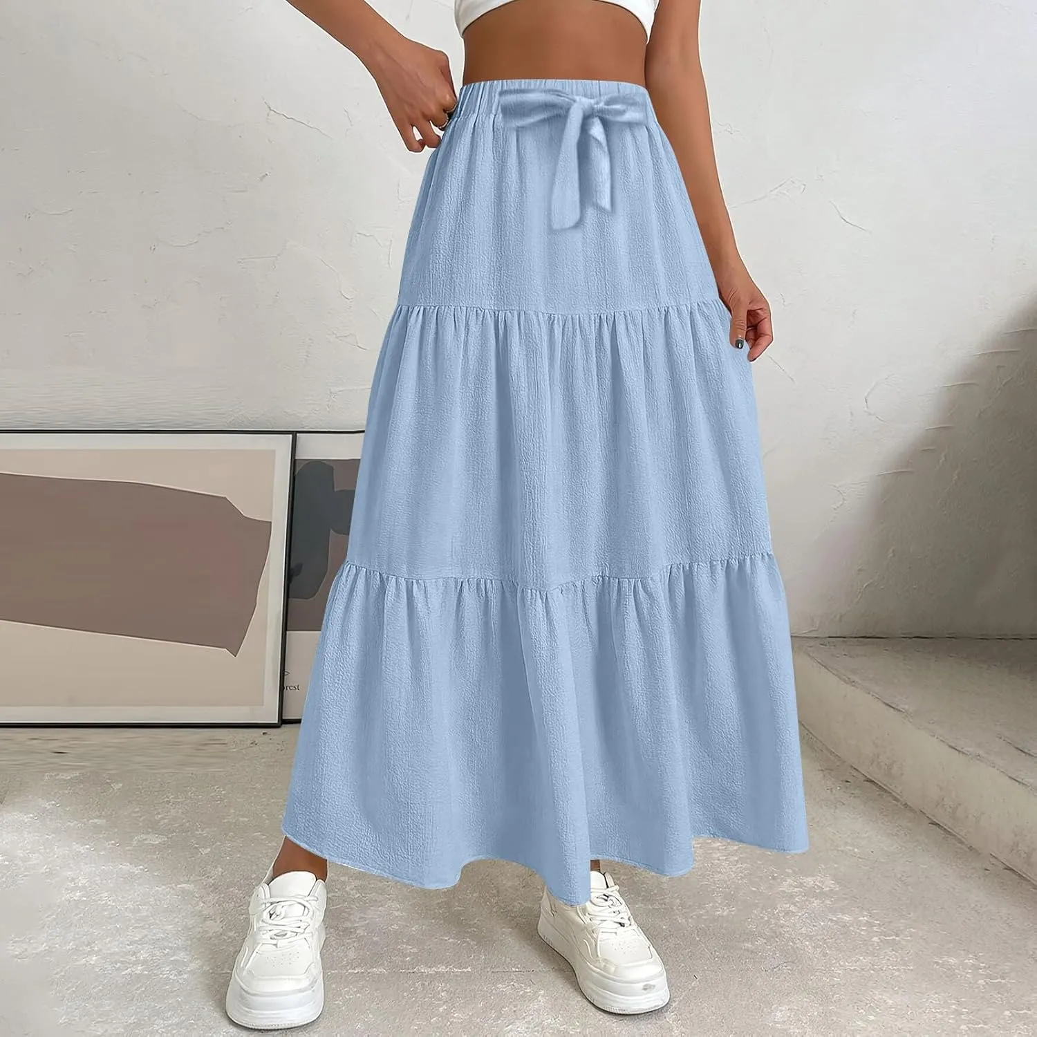 XOWRTE Women's 2025 Bohemian Long Skirts Flowy High Waist A Line Maxi Skirts for Women Summer Pleated Mini Skirts