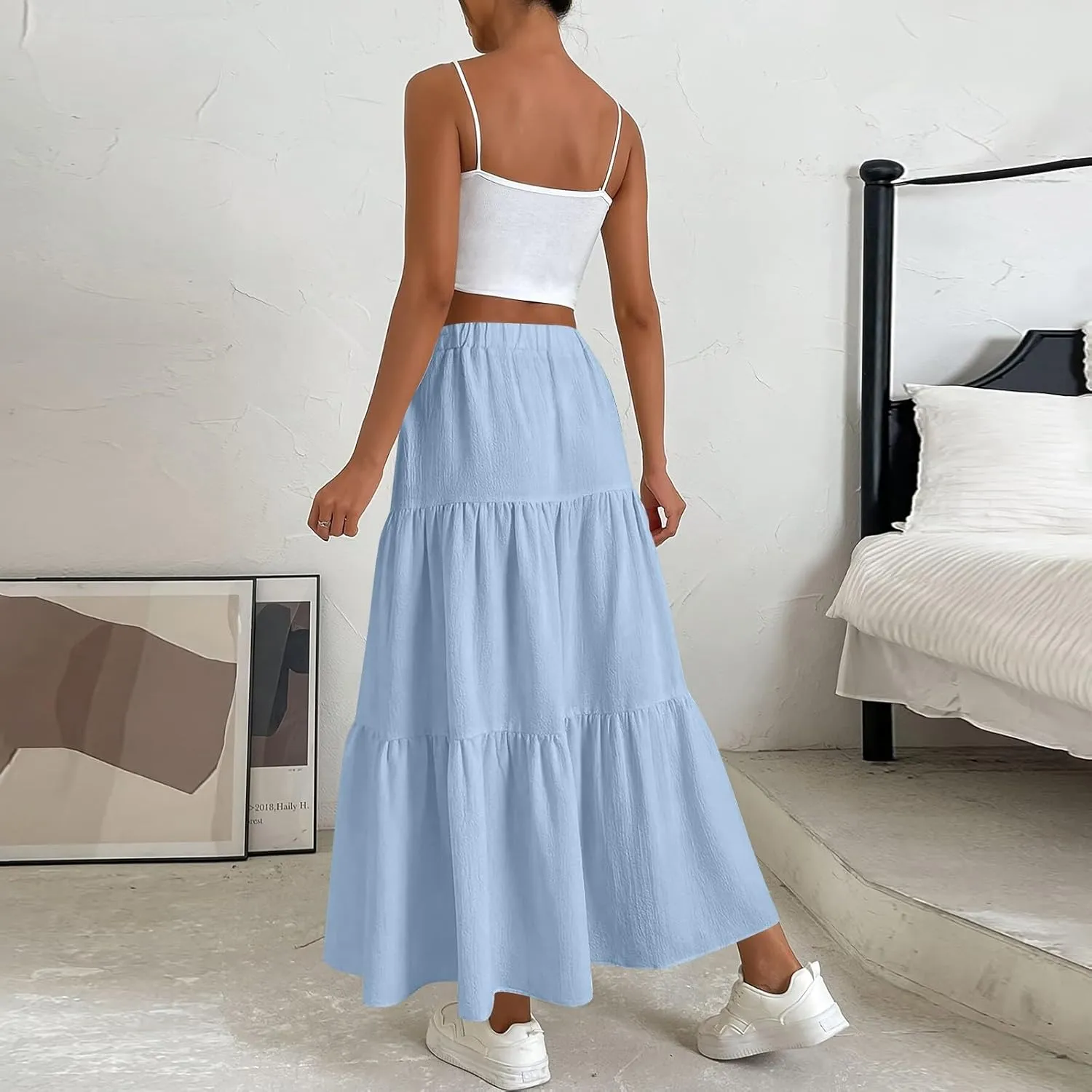 XOWRTE Women's 2025 Bohemian Long Skirts Flowy High Waist A Line Maxi Skirts for Women Summer Pleated Mini Skirts