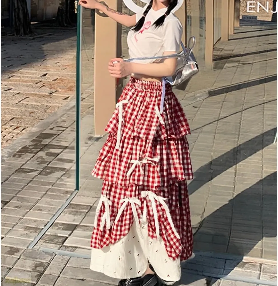 Y2k Vintage Plaid Patchwork Tiered Skirt 3D Satin Bow Layered Ruffles Lightweight Cotton Linen Blend Dressy Outfit for Women