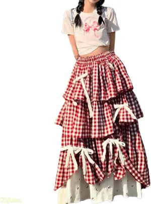 Y2k Vintage Plaid Patchwork Tiered Skirt 3D Satin Bow Layered Ruffles Lightweight Cotton Linen Blend Dressy Outfit for Women