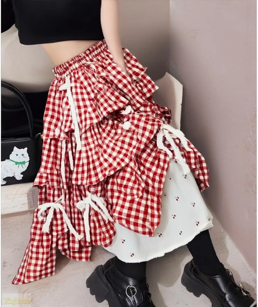 Y2k Vintage Plaid Patchwork Tiered Skirt 3D Satin Bow Layered Ruffles Lightweight Cotton Linen Blend Dressy Outfit for Women