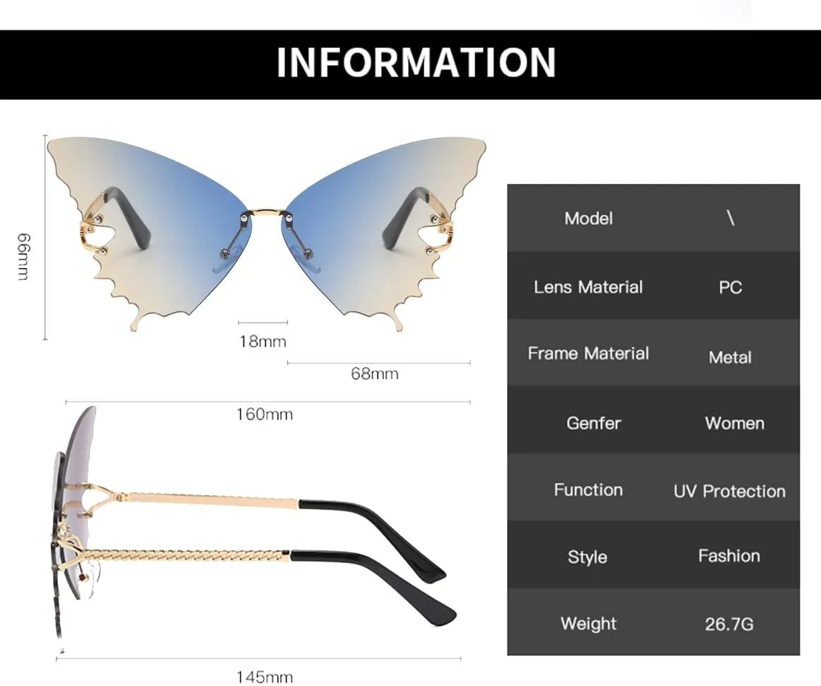 YAMEIZE Fashion Butterfly Rimless Sunglasses for Women Vintage Metal Frame Eyewear UV Protection