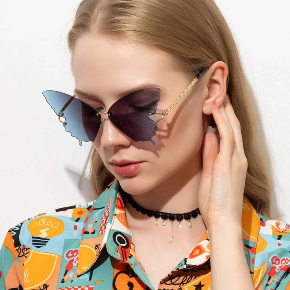 YAMEIZE Fashion Butterfly Rimless Sunglasses for Women Vintage Metal Frame Eyewear UV Protection