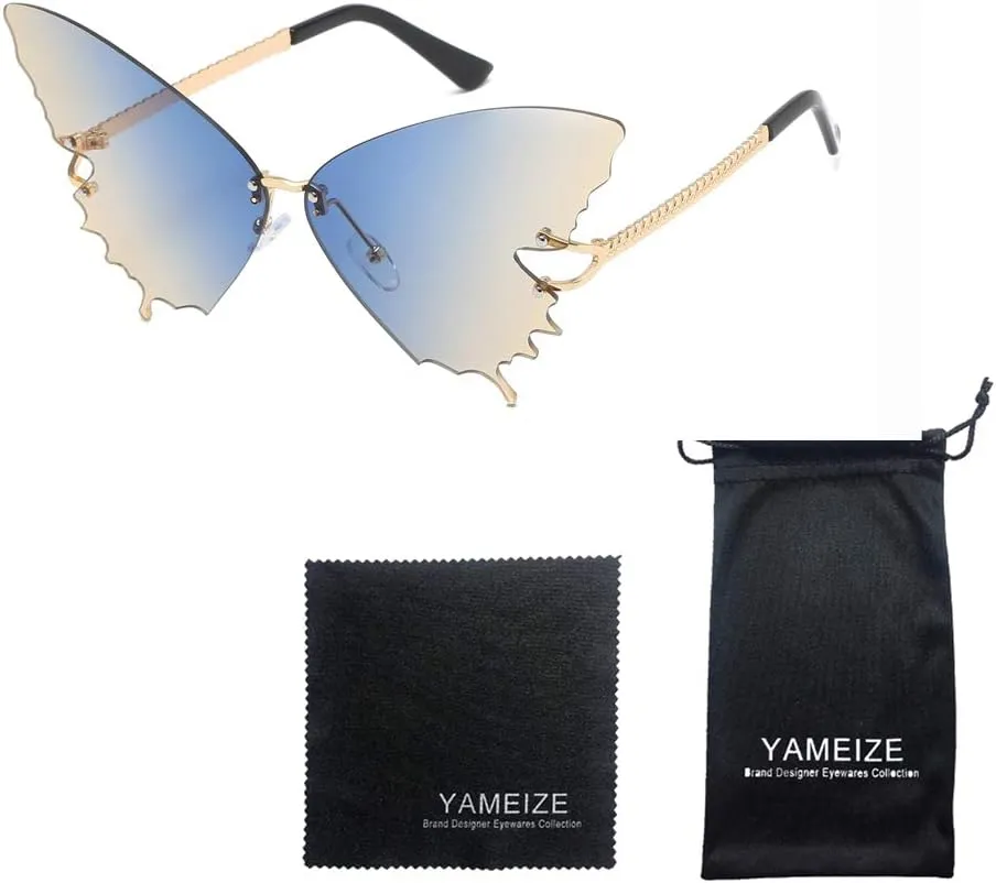 YAMEIZE Fashion Butterfly Rimless Sunglasses for Women Vintage Metal Frame Eyewear UV Protection