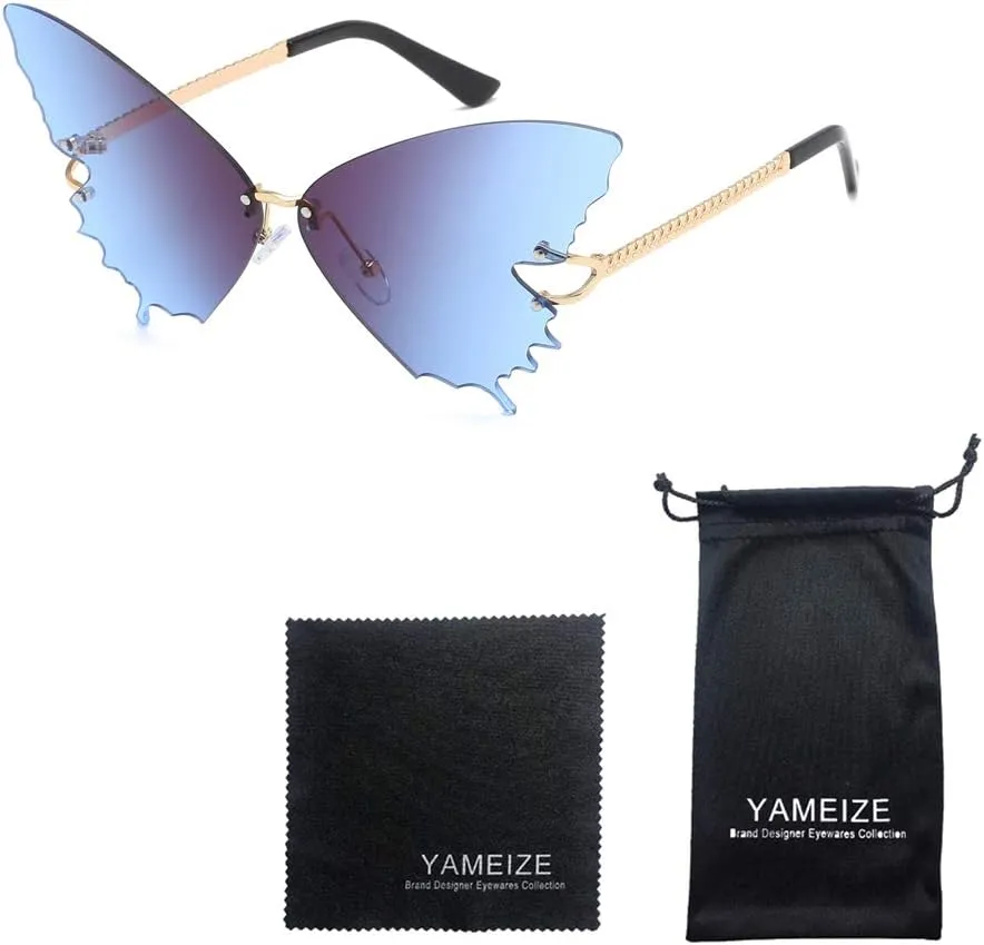 YAMEIZE Fashion Butterfly Rimless Sunglasses for Women Vintage Metal Frame Eyewear UV Protection