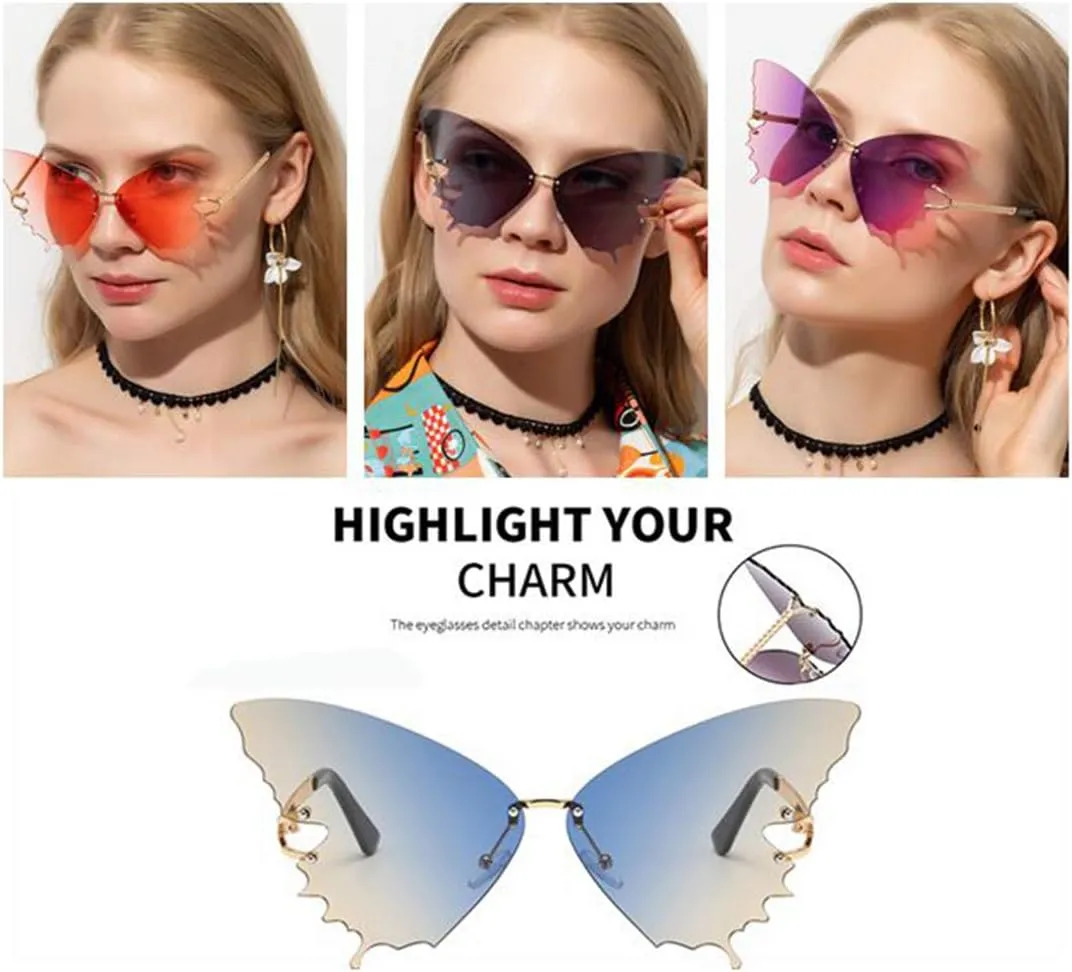 YAMEIZE Fashion Butterfly Rimless Sunglasses for Women Vintage Metal Frame Eyewear UV Protection