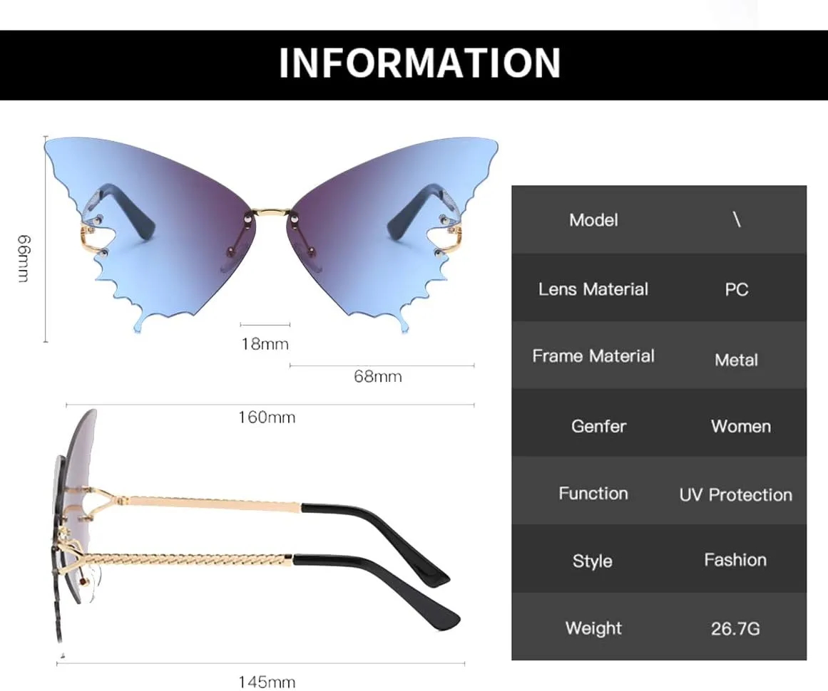 YAMEIZE Fashion Butterfly Rimless Sunglasses for Women Vintage Metal Frame Eyewear UV Protection