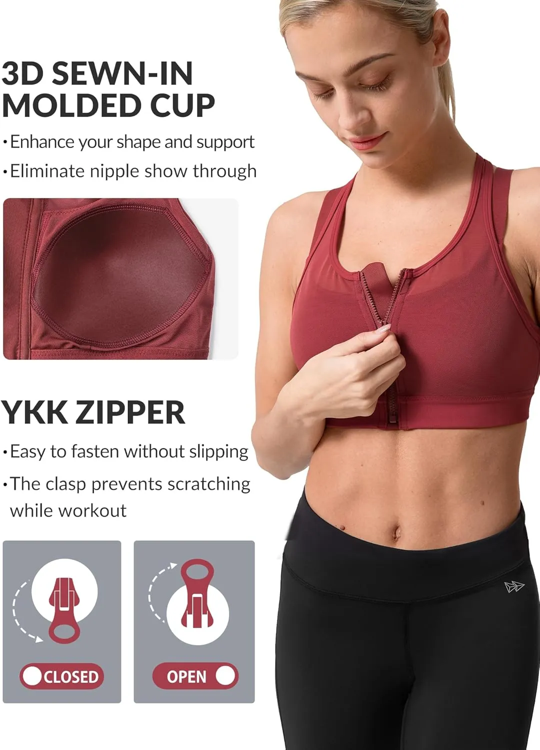 Yvette High Impact Women Sports Bra Front Closure Double Deck Mesh Running Bra for Plus Size for Plus Size