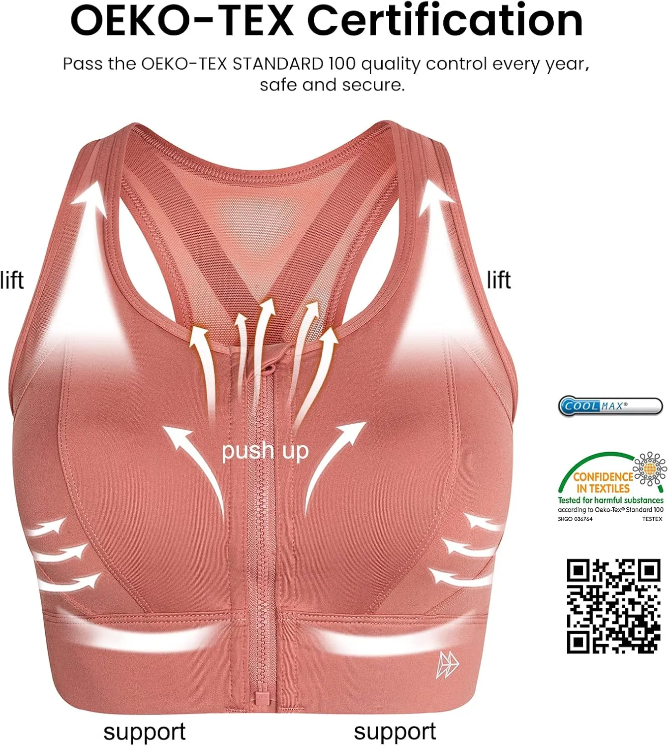 Yvette High Impact Zip Front Sports Bra Mesh Racerback Workout High Support Sports Bras for Women Large Breasts