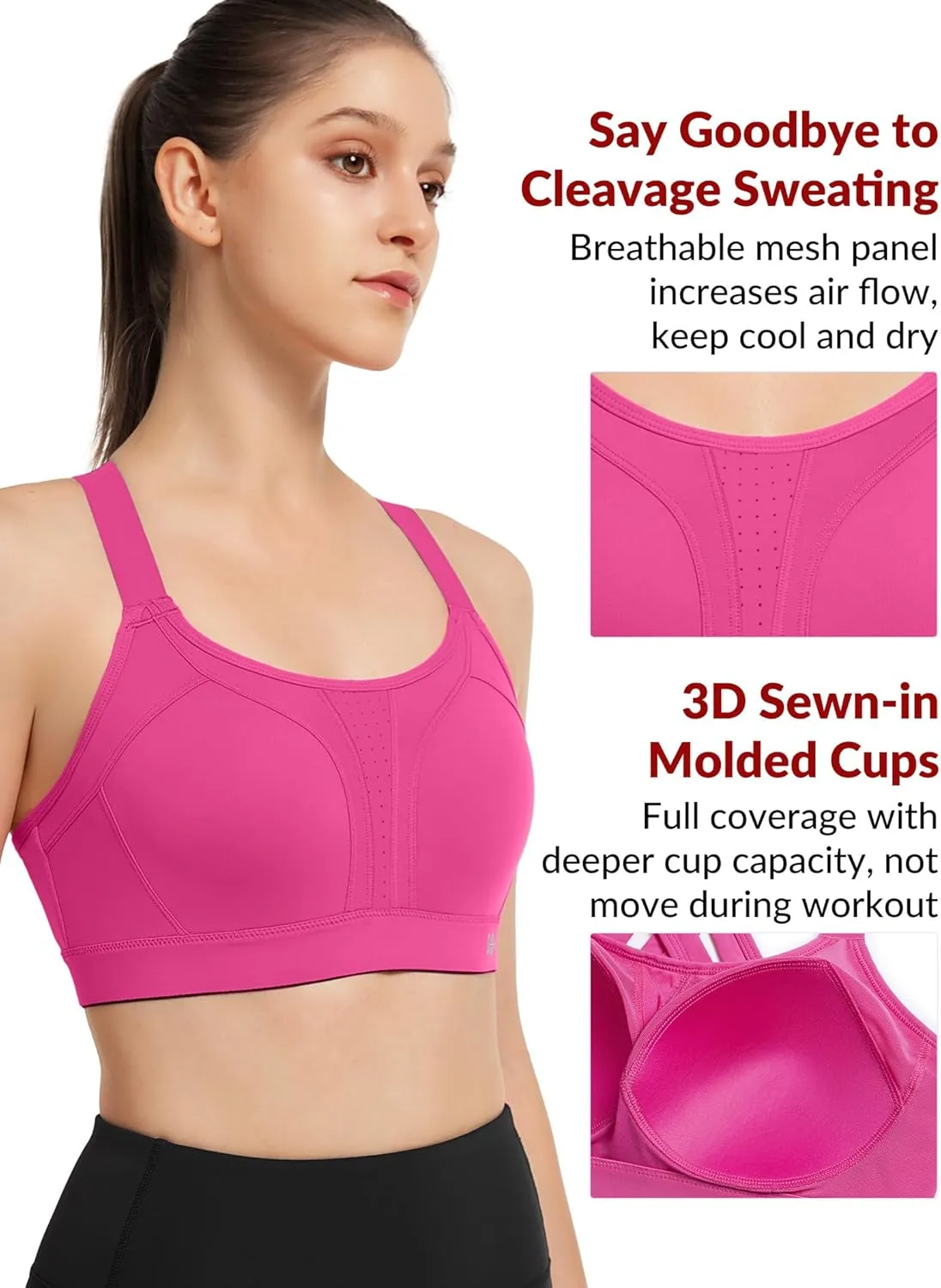 Yvette Sports Bra High Impact Adjustable Criss Cross Back, Full Support for Large Bust No Bounce