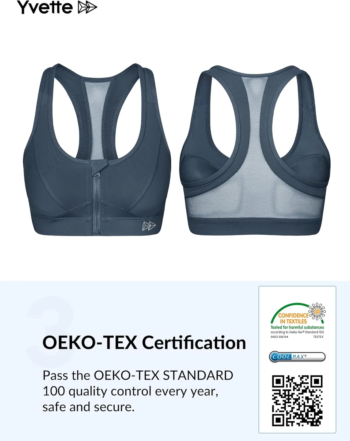 Yvette Zip Front Sports Bra - High Impact Sports Bras for Women Plus Size Workout Fitness Running