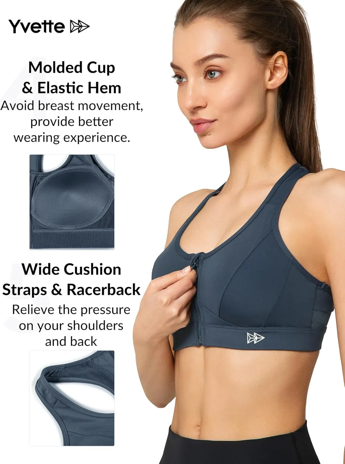 Yvette Zip Front Sports Bra - High Impact Sports Bras for Women Plus Size Workout Fitness Running