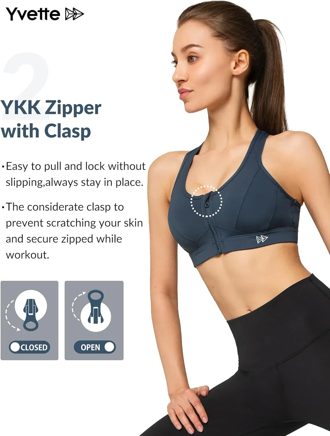 Yvette Zip Front Sports Bra - High Impact Sports Bras for Women Plus Size Workout Fitness Running
