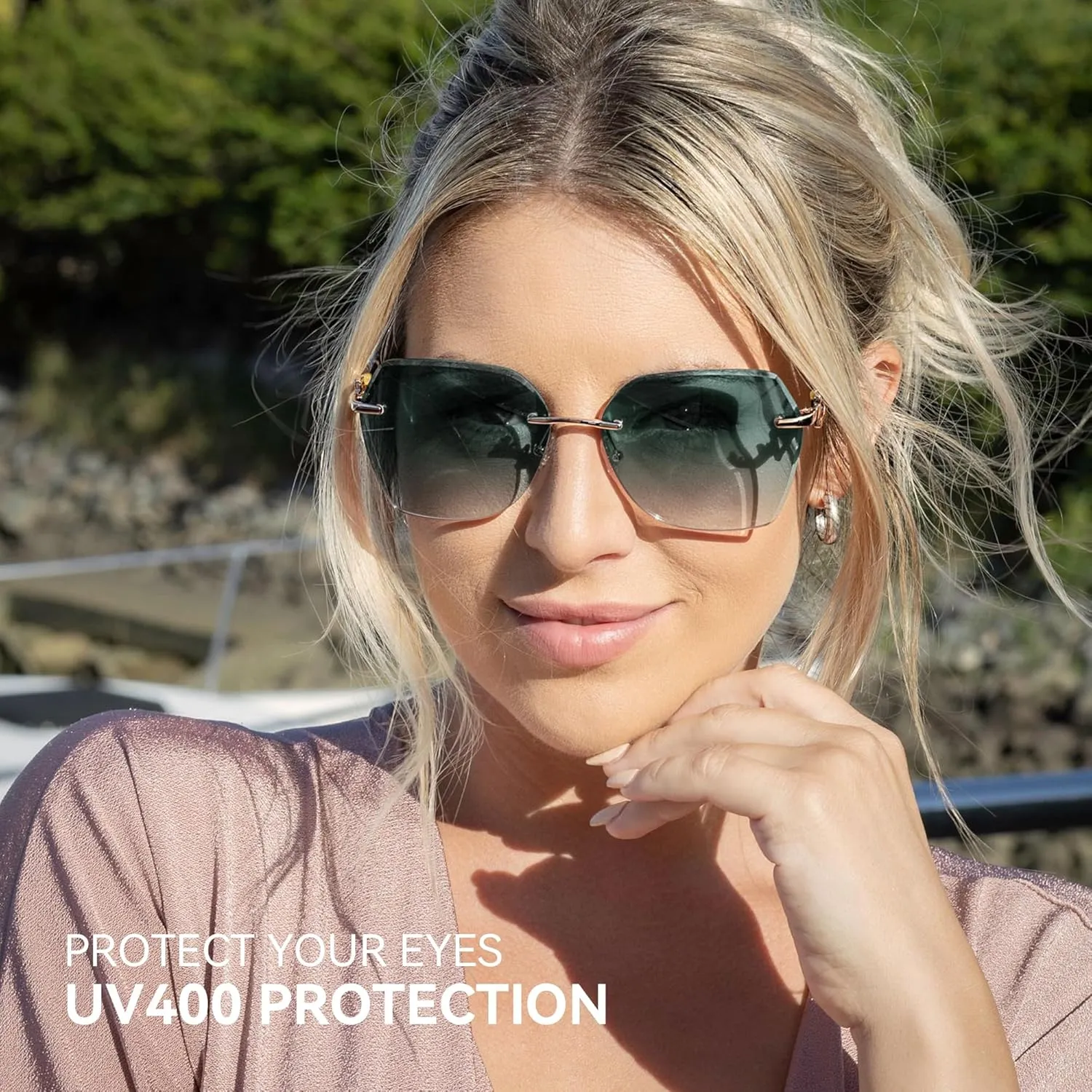 ZENOTTIC Oversized Rimless Sunglasses for Women Geometric Diamond Cutting Gradient Lens UV Protection Fashion Shades Trendy