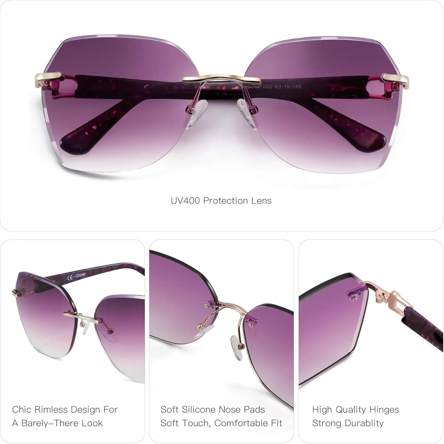 ZENOTTIC Oversized Rimless Sunglasses for Women Geometric Diamond Cutting Gradient Lens UV Protection Fashion Shades Trendy