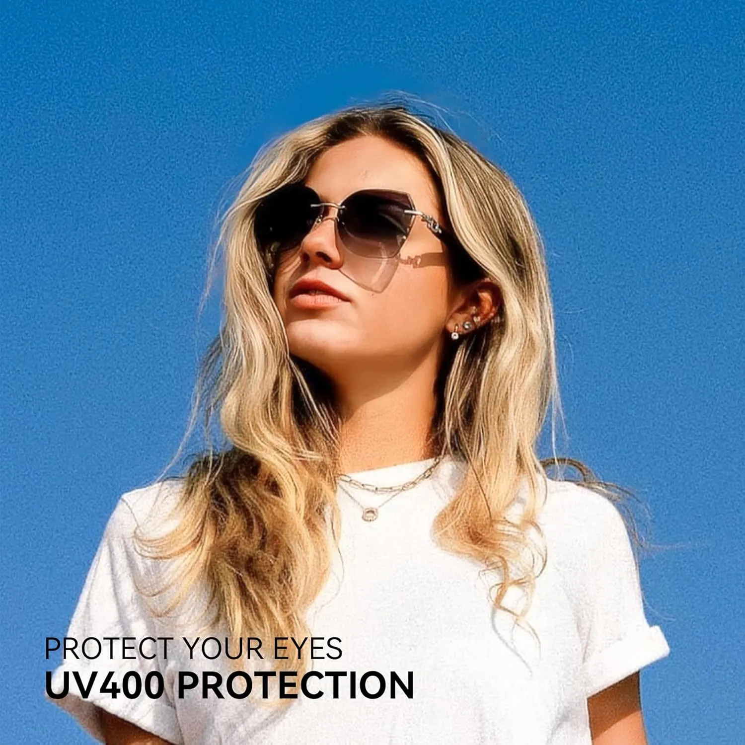 ZENOTTIC Oversized Rimless Sunglasses for Women Geometric Diamond Cutting Gradient Lens UV Protection Fashion Shades Trendy