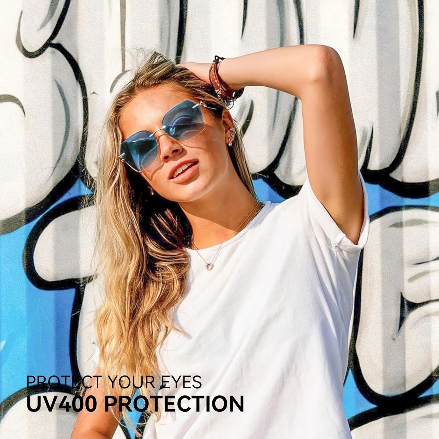 ZENOTTIC Oversized Rimless Sunglasses for Women Geometric Diamond Cutting Gradient Lens UV Protection Fashion Shades Trendy