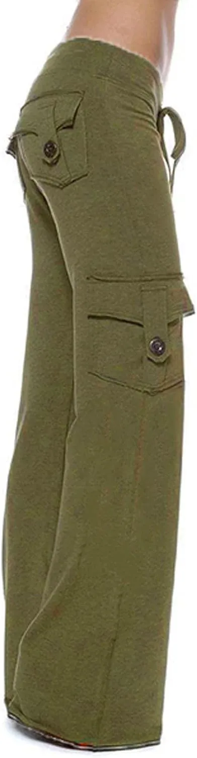 Zkuisw Cargo Pants for Women Stretch High Waist Workout Out Leggings Button Pocket Loose Straight Wide Leg Pants Trousers