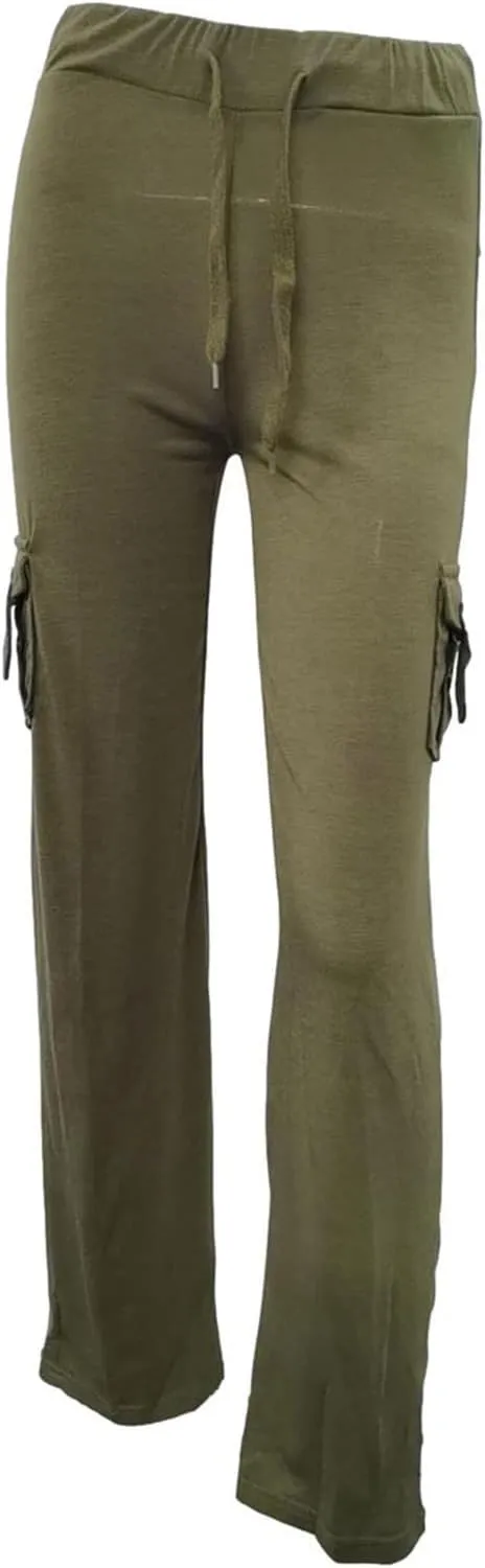 Zkuisw Cargo Pants for Women Stretch High Waist Workout Out Leggings Button Pocket Loose Straight Wide Leg Pants Trousers